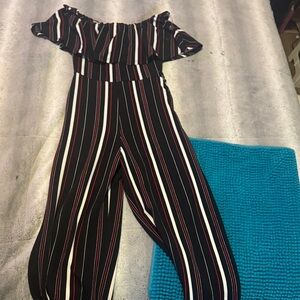 Almost Famous Off-Shoulder Striped Jumpsuit